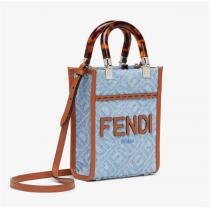 23ss最新作 フェンディ コピー ハンドバッグ サンシャイン シリーズ デニム ミニ ライトブルー FENDI ROMA 2WAY