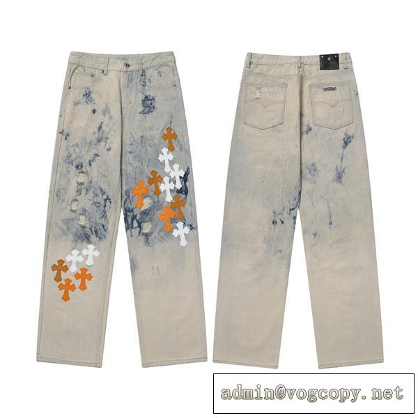 ☆タイダイ柄☆CHROME HEARTS コピー ジーンズ クロス 貼り付け レザー レトロ処理 ユニセックス クロムハーツ