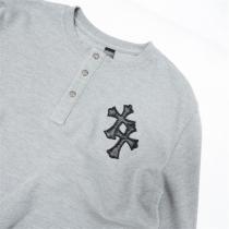 2026秋冬最新作 クロムハーツ コピー 長袖Tシャツ クロス レザー シルバーボタン グレー CHROME HEARTS