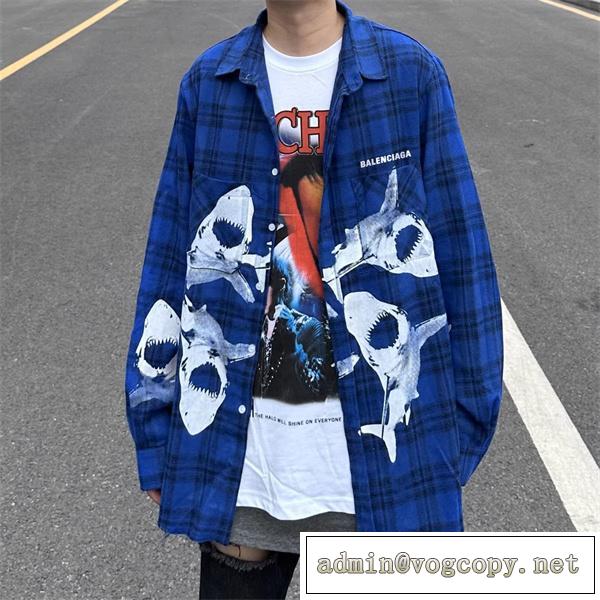 BALENCIAGA スーパーコピー シャツ サメ 鮫 ロゴ プリント ブルー シンプル チェック柄 綿 バレンシアガ
