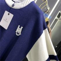 柔らかい肌触り MONCLER コピー セーター ウール クルーネック 白と青 刺繡ロゴ ニット モンクレール