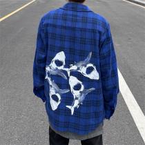 BALENCIAGA スーパーコピー シャツ サメ 鮫 ロゴ プリント ブルー シンプル チェック柄 綿 バレンシアガ
