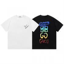 GUCC1 xBALENCIAGA コピー Ｔシャツ グラデーション ロゴ プリント ショートスリーブ コットン