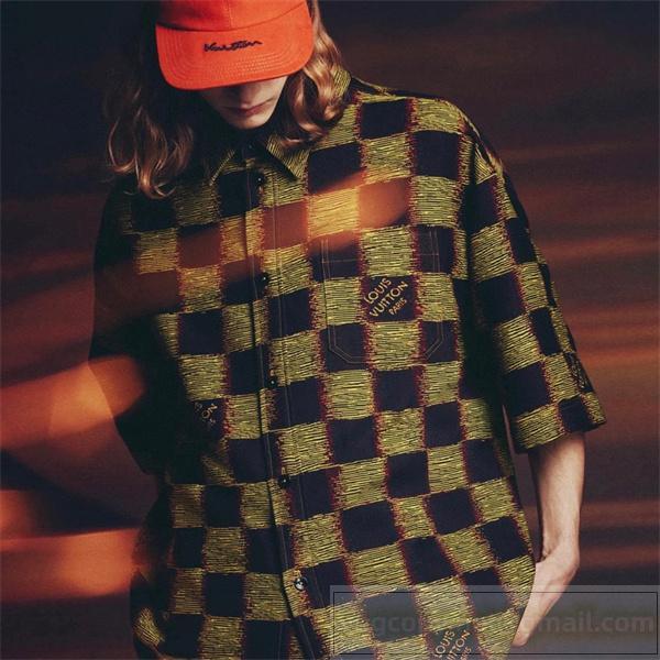 【1AFAW8】LOUIS VUITTON 偽物 シャツ ジャカード 黄と黒 ダミエロゴ チェック ルイヴィトン