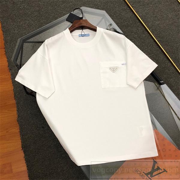 2026新作 プラダ スーパーコピー Ｔシャツ 三角 メタル ロゴ 純綿生地 ポケット PRADA