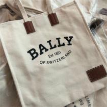 BALLY コピー トートバッグ キャンバス ナチュラルとブラウン ロゴ プリント バリー