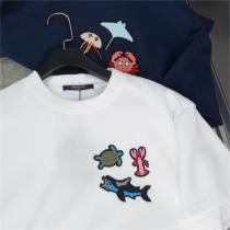 ウォーターカラーサマー ルイヴィトン コピー Ｔシャツ 刺繡 ロゴ 貼り付け 海 ビーズアニマル LOUIS VUITTON