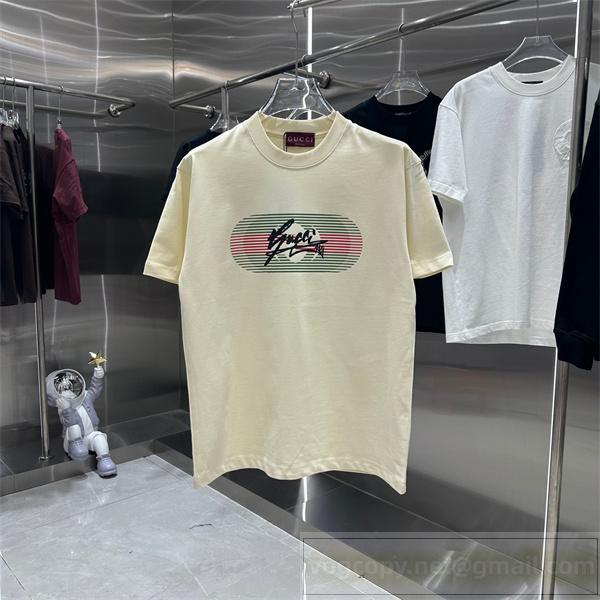 Gucc1 偽物 Tシャツ ロゴ＆ストライプ バーガンディ＆クリーム カジュアル＆ラグジュアリー Gucc1