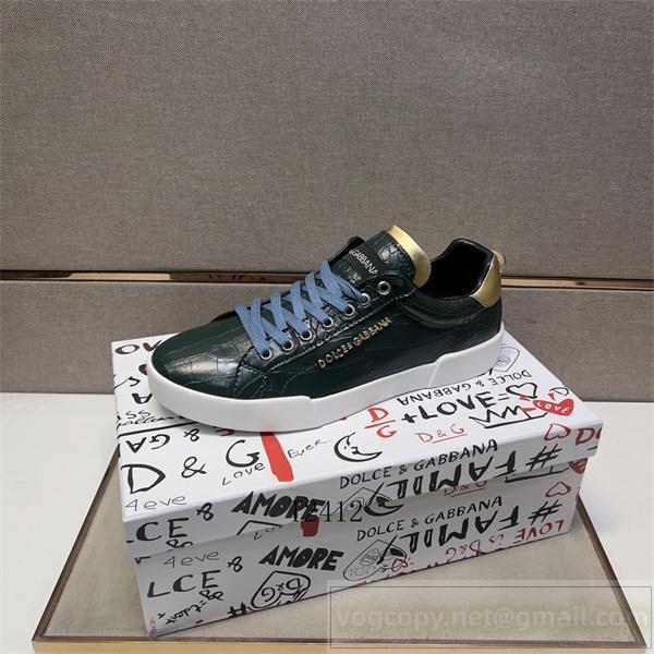 Dolce&Gabbana 偽物 スニーカー グリーン クロコダイル風レザー ゴールドヒール ロゴ刻印 ドルチェ＆ガッバーナ