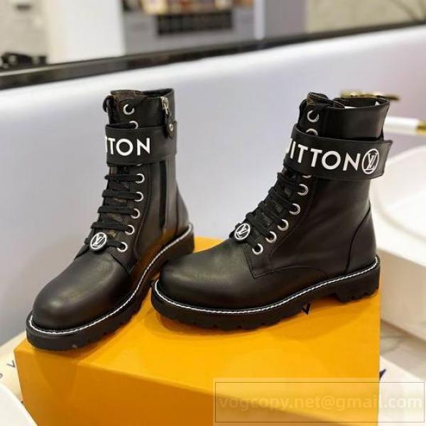 LOUIS VUITTON スーパーコピー ブーツ 黒レザー 白ステッチ 大きなロゴ スポーティーエレガンス ルイヴィトン