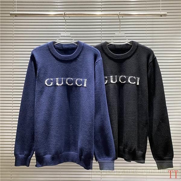 Gucc1 偽物 セーター ダークブルー＆チャコール フリンジロゴ刺繍 ラウンドネック Gucc1