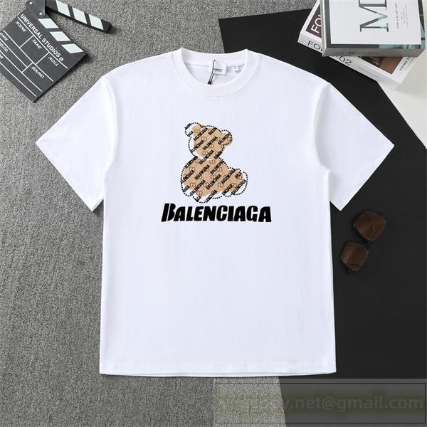 バレンシアガ 偽物 Tシャツ ミルクホワイト＆チャコール テディベア ロゴプリント BALENCIAGA 