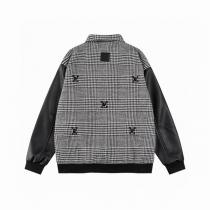 LOUIS VUITTON コピー ジャケット チェック柄 レザー袖 ロゴ刺繍 シンプル LOUIS VUITTON