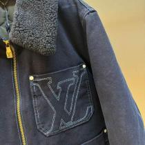 LOUIS VUITTON コピー ジャケット デニム シアリングカラー LVロゴ レザータグ ルイヴィトン