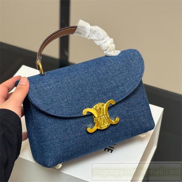  CELINE コピー ショルダーバッグ デニム素材 ゴールドCロゴ レザー ブラウンハンドル セリーヌ