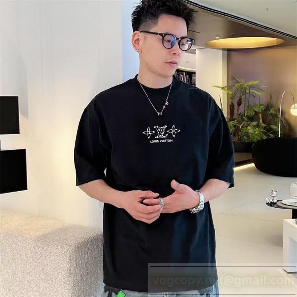 LOUIS VUITTON スーパーコピー Tシャツ モノグラムロゴ 刺繍デザイン ブラック エレガントカジュアル ルイヴィトン