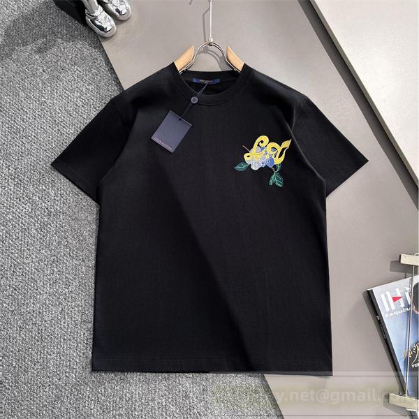 LOUIS VUITTON コピー Tシャツ フローラルロゴ刺繍 ホワイト＆ブラック ルイヴィトン