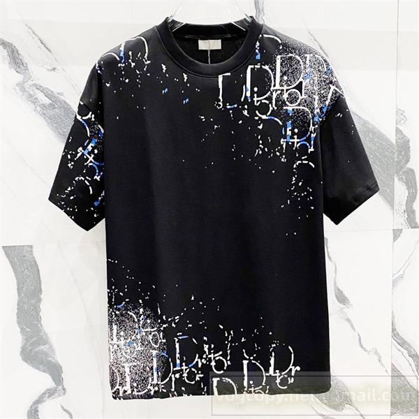 ディオール スーパーコピー Tシャツ ブラック＆ホワイト×ロゴプリント＆ブルーアクセント DIOR