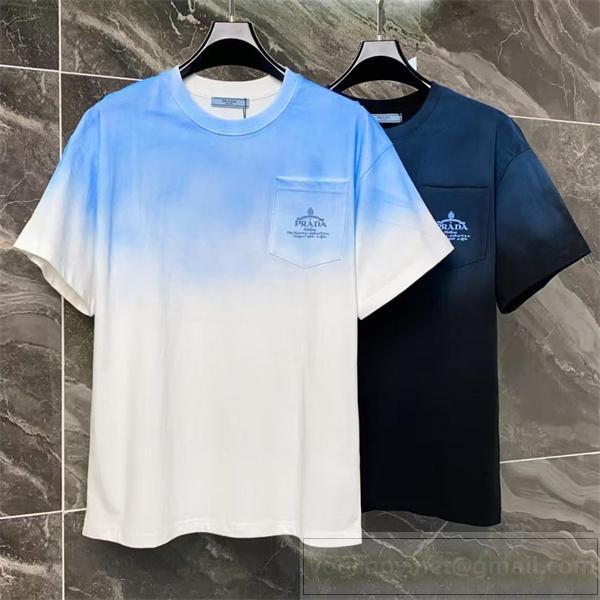 PRADA コピー Tシャツ グラデーション ブラック×ネイビー 左胸 ロゴ プラダ