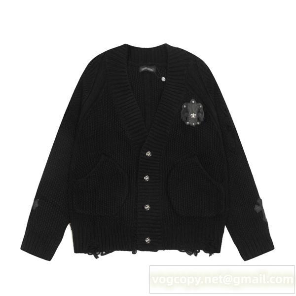CHROME HEARTS スーパーコピー カーディガン ウール フルール・ド・リス レザーパッチ クロムハーツ