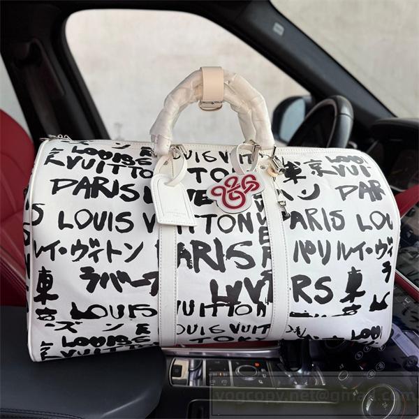 ルイヴィトン 偽物 ボストンバッグ ホワイト レザー モダン ロゴプリント ゴールド LOUIS VUITTON