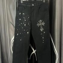 CHROME HEARTS 偽物 ブラックデニムパンツ スプレー加工 クロスモチーフ クロムハーツ