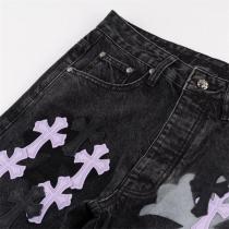 クロムハーツ 偽物 ブラックデニムパンツ スプレー加工 クロスモチーフ FRAGILE CHROME HEARTS