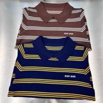 MIUMIU コピー Tシャツ ストライプ ロゴ カジュアル ポロシャツ モダン ミュウミュウ