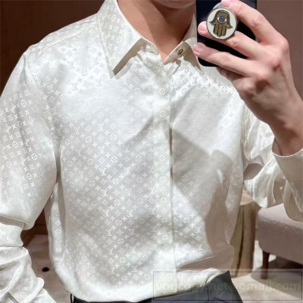 LOUIS VUITTON スーパーコピー シャツ アイボリー モノグラム柄 ボタンダウン クラシック シンプル エレガント ルイヴィトン
