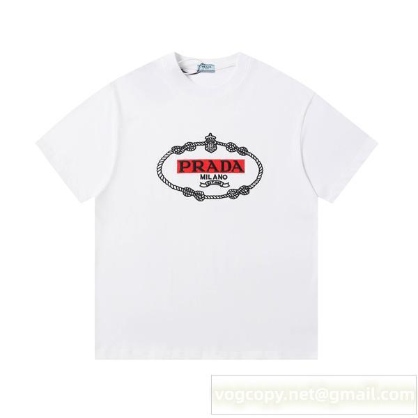 プラダ スーパーコピー 半袖Tシャツ 定番ロゴ ロープ柄 クルーネック カジュアル PRADA