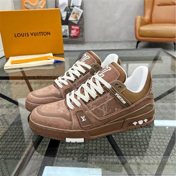  お洒落 シック LOUIS VUITTON 偽物 スニーカー ブラウン モノグラム デニム調 ルイヴィトン