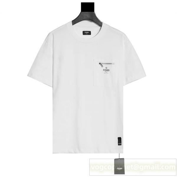 FENDI コピー Tシャツ ジップ付き胸ポケット ホワイト 新作カジュアル フェンディ