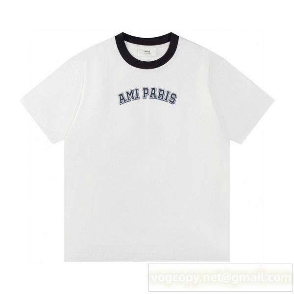 新作入荷 アミ パリス コピー Tシャツ アーチロゴ刺繍 バイカラーネック ユニセックス AMI PARIS