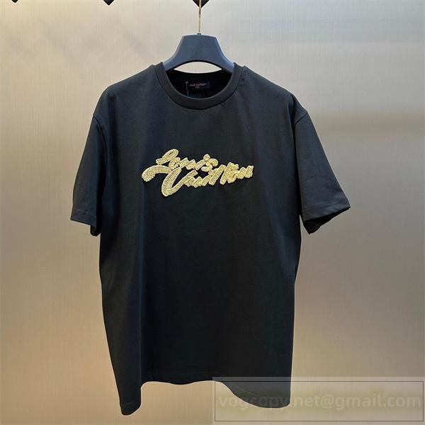 高級感溢れる LOUIS VUITTON コピー Tシャツ 上品＆立体刺繍ロゴ ブラック ルイヴィトン
