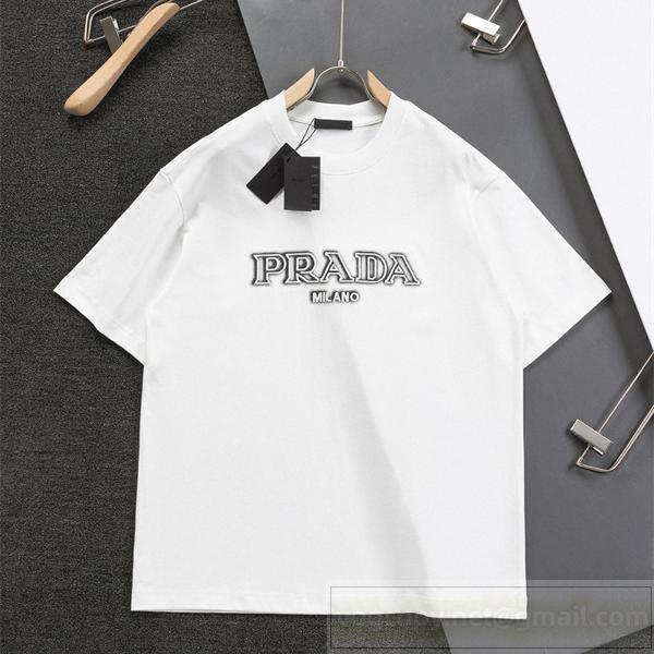 プレミアム PRADA スーパーコピー 立体刺繍ロゴ入り ベーシッククルーネック Tシャツ お洒落 プラダ