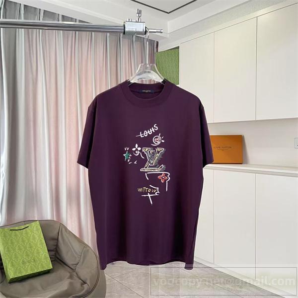 ルイヴィトン 偽物 手書き風 グラフィックプリント Tシャツ パープル カジュアルアート LOUIS VUITTON