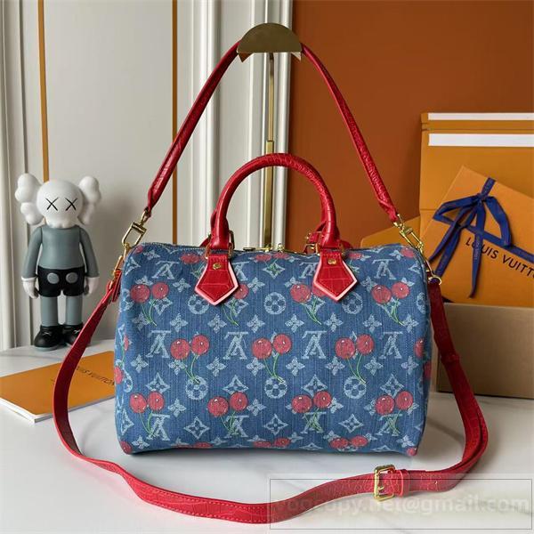 ルイヴィトン 偽物 ショルダーバッグ デニム チェリーモチーフ レッドハンドル ボストン LOUIS VUITTON