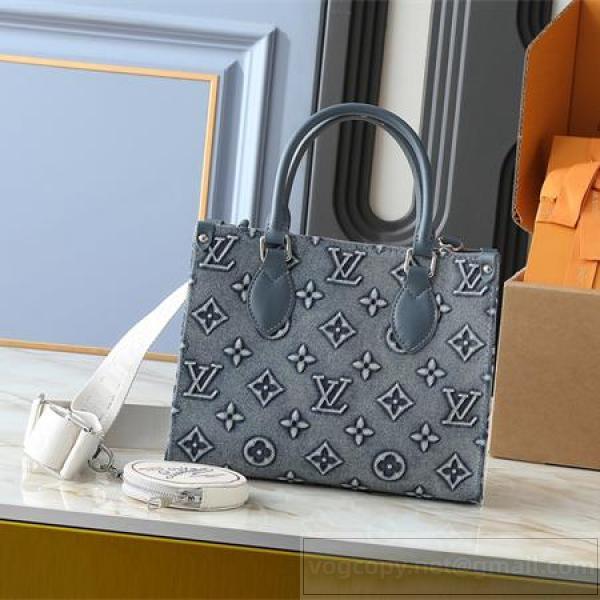  ルイヴィトン コピー トートバッグ モノグラムデニム 3Dエンボス オンザゴーPM グレー LOUIS VUITTON