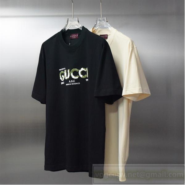  新着 Gucc1 偽物 グラフィックロゴTシャツ パロディ風 A.B.C.デザイン 半袖 クルーネック Gucc1