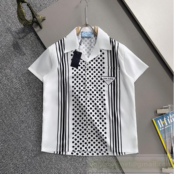 プラダ コピー シャツ ドット＆ストライプ切替 オープンカラーシャツ モダンエレガンス PRADA