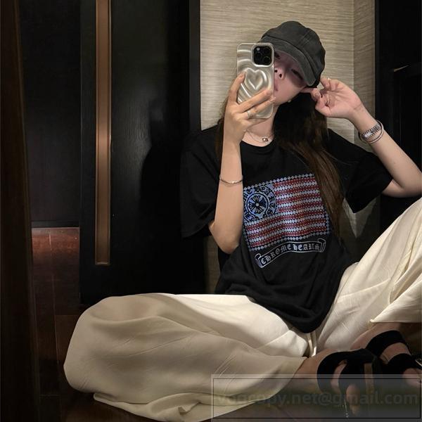 CHROME HEARTS コピー Tシャツ 星条旗モチーフ クロスロゴ装飾 ヴィンテージテイスト クロムハーツ