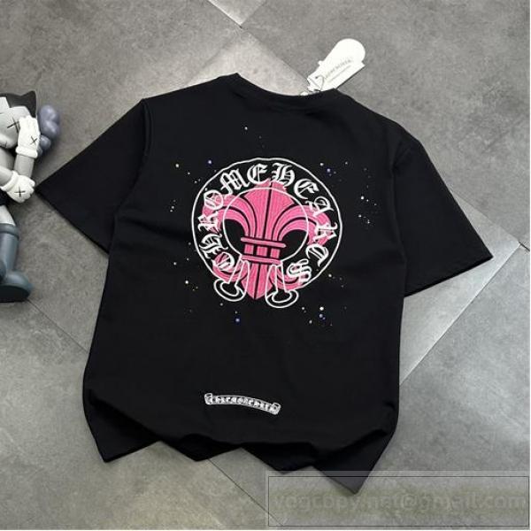  CHROME HEARTS 偽物 Tシャツ ピンククロスサークル スプラッターペイント クールグラフィック クロムハーツ