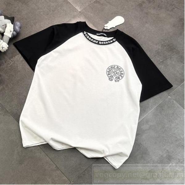 クロムハーツ スーパーコピー Tシャツ バイカラースリーブ クロスロゴ襟元プリント CHROME HEARTS