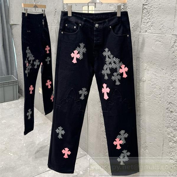 クロムハーツ コピー ジーンズ パンク風クロスアップリケ ブラックデニムボトムス CHROME HEARTS