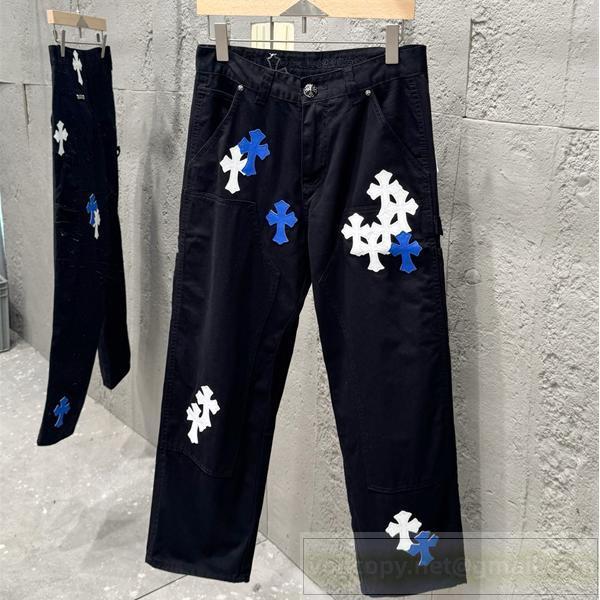  CHROME HEARTS 偽物 ジーンズ ホワイト&ブルークロスパッチ ブラックデニム パンクスタイル クロムハーツ