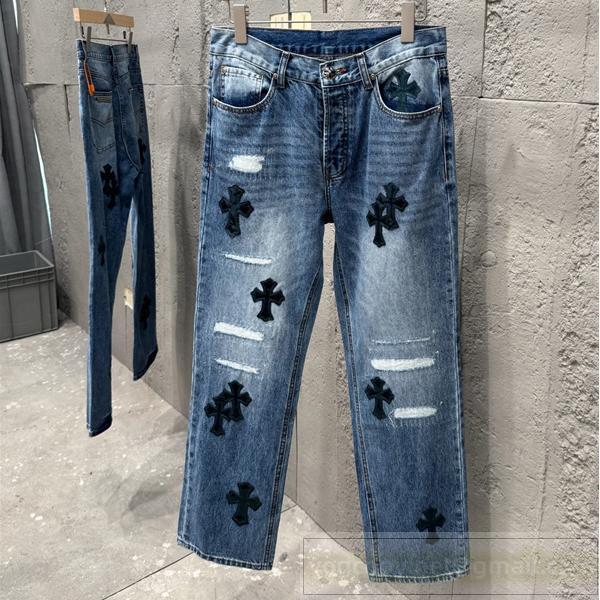 クロムハーツ コピー ジーンズ ヴィンテージクラッシュデザイン ブラッククロス刺繍デニム CHROME HEARTS