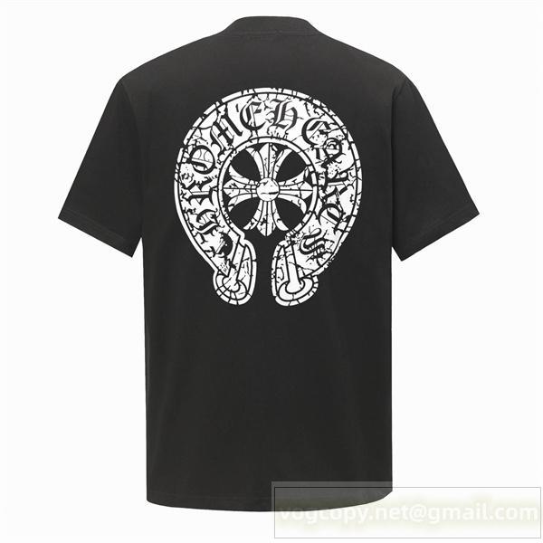  クロムハーツ 偽物 バックビッグホースシュークロスロゴ クルーネック Tシャツ ブラック モード CHROME HEARTS