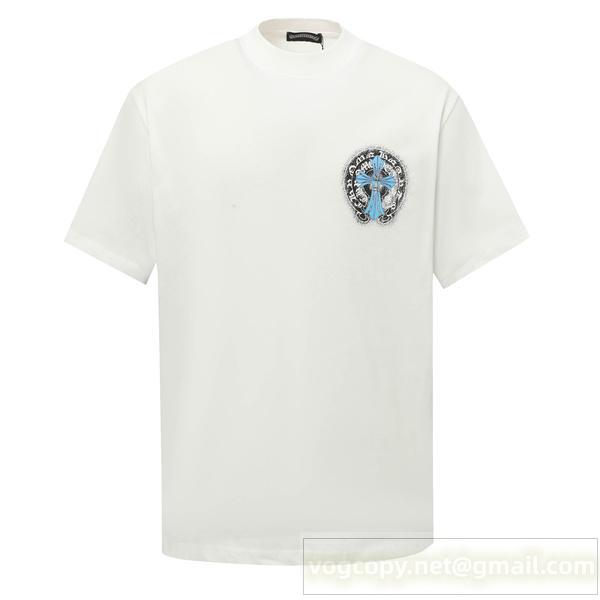クロムハーツ 偽物 ブルークロス×ホースシューロゴ 両面プリント クルーネック Tシャツ モード CHROME HEARTS