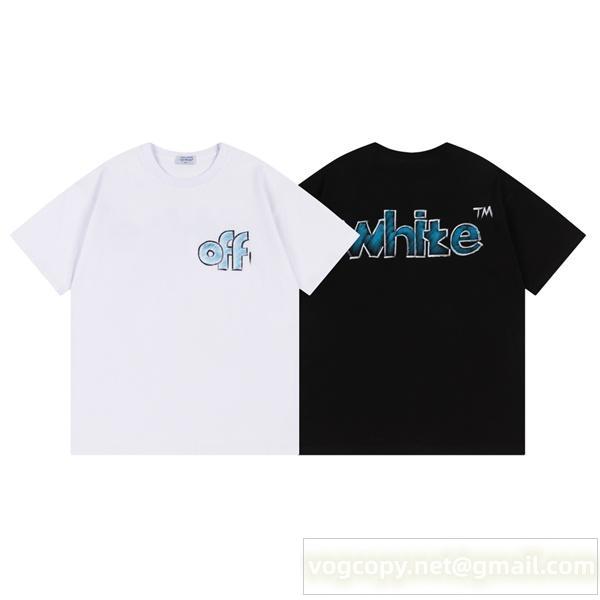 オフホワイト スーパーコピー Tシャツ ブルーグラデーションロゴ アシンメトリーレタリングデザイン Off-White