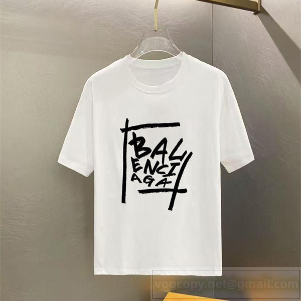 バレンシアガ 偽物 グラフィティスクエアロゴ プリント入り 高品質コットン 半袖カジュアルTシャツ BALENCIAGA
